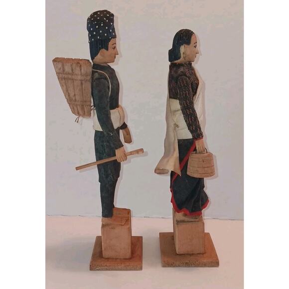 2 Handmade Tibetan Wooden Doll Indigenous Peoples Man Women 8" - Picture 9 of 13